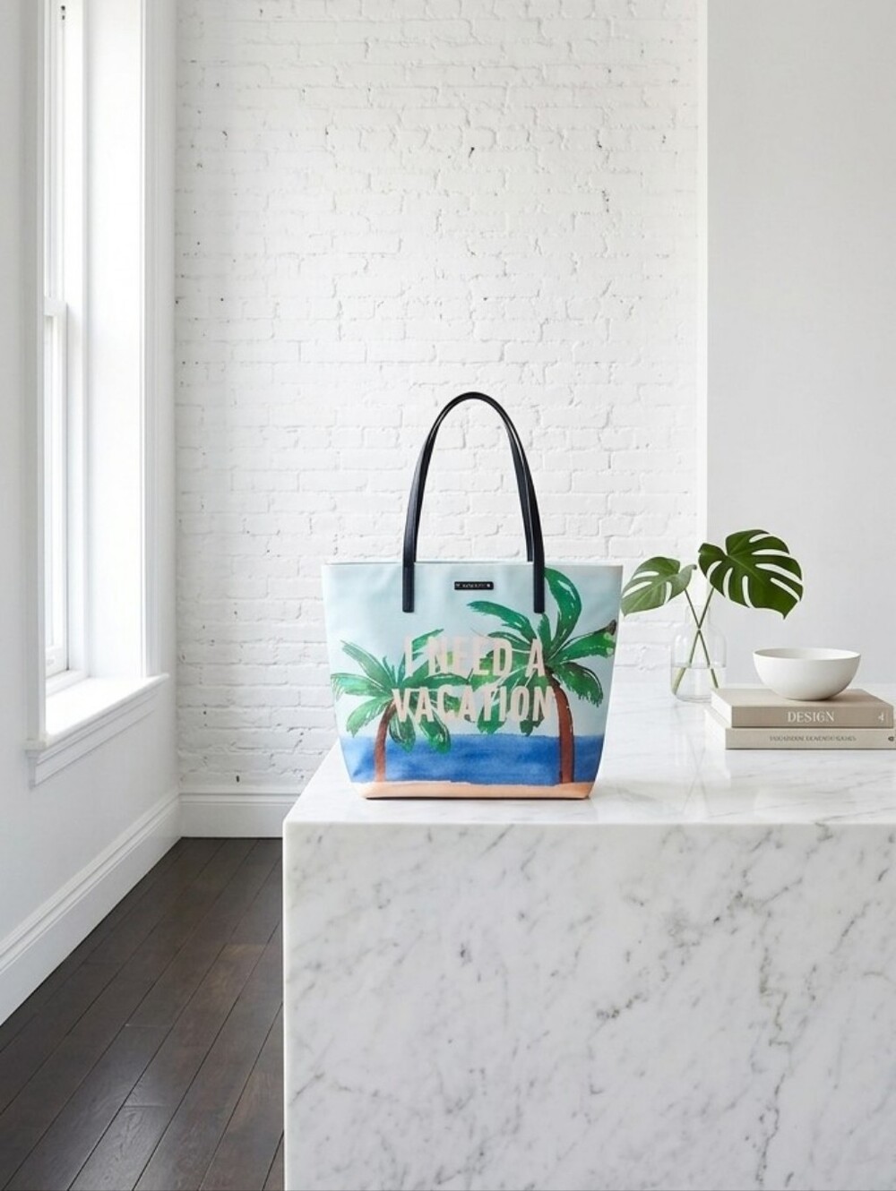 Kate Spade Palm Tree Print Tote in Light Blue, Green & Tan
